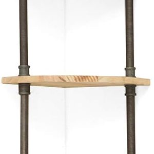 Pipe Corner Shelf (Three Tiers, Solid Wood & Metal) – With Towel Bar, Wall-Mounted
