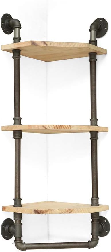 Pipe Corner Shelf (Three Tiers, Solid Wood & Metal) – With Towel Bar, Wall-Mounted