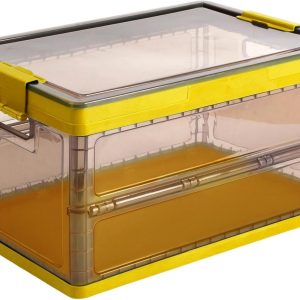 Collapsible Storage Container with Lid and Latches, Clear Stackable Plastic Tote Bin with Handles for Clothes, Sweater, Blanket (Yellow, 7 Gal)