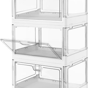 3-Pack Clear Stackable Storage Bins with Lids Magnetic Doors Open Front Foldable Folding Plastic Craft Containers Large Closet Organizers Box for Bedrooms Living Rooms Study Kids' Toys 24 QT