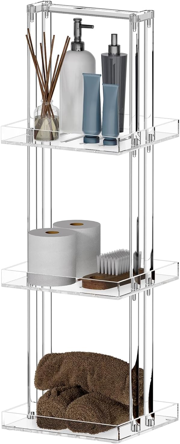 Acrylic Floor Standing Shower Rack (Three Tiers, Transparent with Handles) – Corner Storage, Space Saving