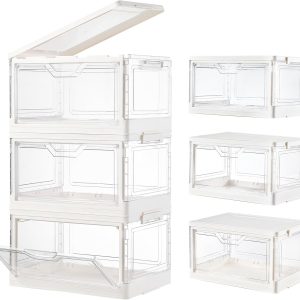 Stackable Plastic Storage Bins with Lids, Foldable Closet Organizers and Storage, 3 Drawer Storage Organizer，Clear Stackable Containers for Wardrobe,Bedroom,Office,Dorm