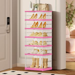 6-Tier Foldable Shoe Rack for Closet Entryway 6-12Pairs, Stackable Clear Shoe Storage Boxes Organizer with Door Plastic Small Shoe Cabinet Bins with Lids Shoes Shelf Easy Assembly（White-Pink）