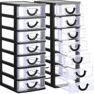 2 Pcs Plastic Drawers Organizer Mini Organizer Stackable Plastic Clear Drawer Storage Box Containers Storage Units for Desktop Classroom Craft 6.7 x 4.9 x 13.4 inches(Black)