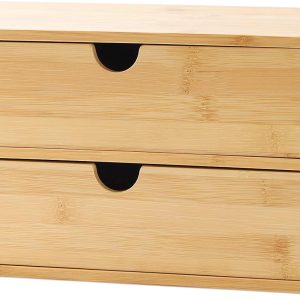 Bamboo Desk Drawer Organizer, 2 Drawer Desktop Organizer with Drawers Tabletop Storage Organization Box for Office Home Toiletries Supplies Vanity, No Assembly Required