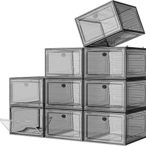 Large Clear Shoe Boxes Organizer【Thicker Material】 Stronger Shoe Box with Magnetic Door, Stackable Shoe Storage Box for Closet, Foldable Space-Saving Storage Bins Shoe Cabinet, Black 9-Pack