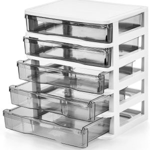 5 Drawer Desktop Storage Bin Unit, Small Plastic Organizer, White Frame with Clear Drawer, Mini Container Case for Desk, Storing Craft, Accessory, Stationery