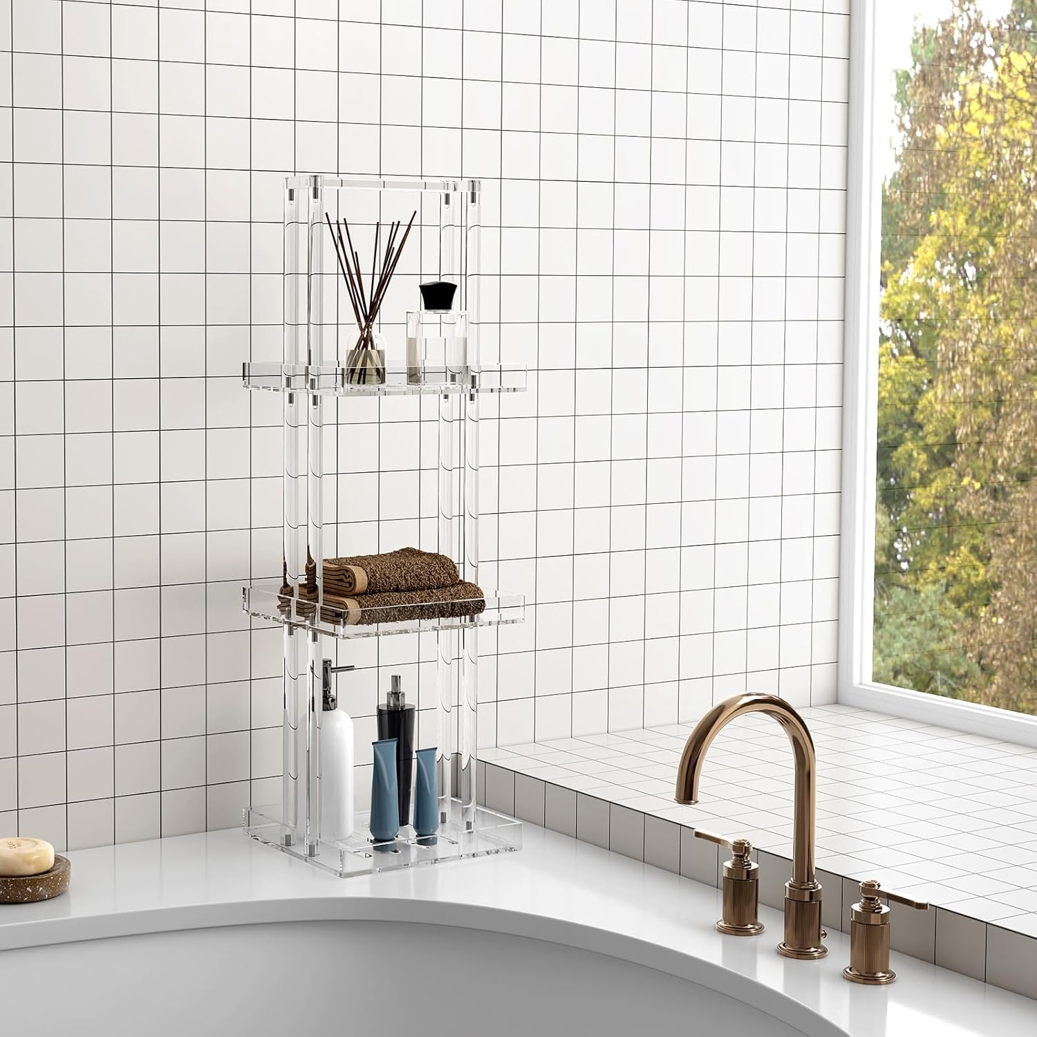 Acrylic Floor Standing Shower Rack (Three Tiers, Transparent with Handles) – Corner Storage, Space Saving - Image 2