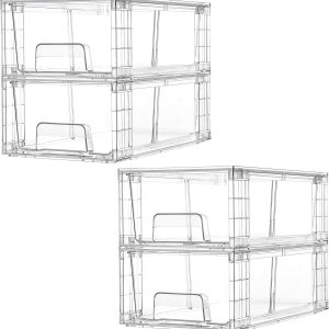 4 Pack Stackable Storage Drawers,Clear Acrylic Drawer Organizers with Handles, Easily Assemble for Fridge, Bathroom,Kitchen Undersink,Cabinet,Pantry Organization and Storage