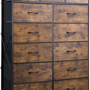 Storage Organizer Unit with 13 Fabric Bins, Storage Drawers Organizer with Steel Frame, Tall Storage Tower Organizaton for Living Room, Hallway, Office, Rustic Brown Wood Grain Print